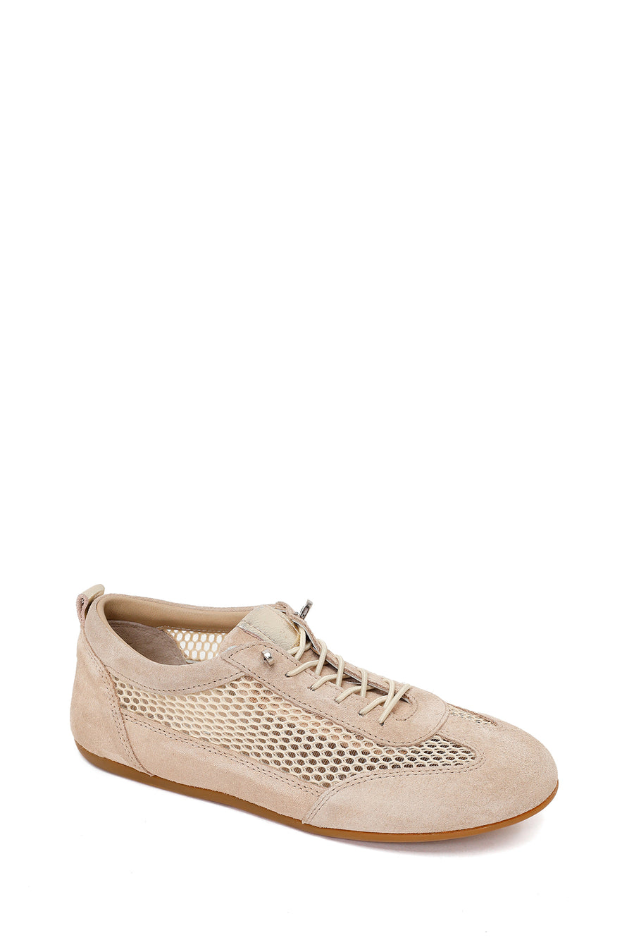 Woman Beige Lace-up Mesh Leather Sneaker