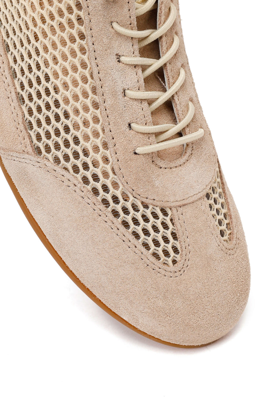 Woman Beige Lace-up Mesh Leather Sneaker