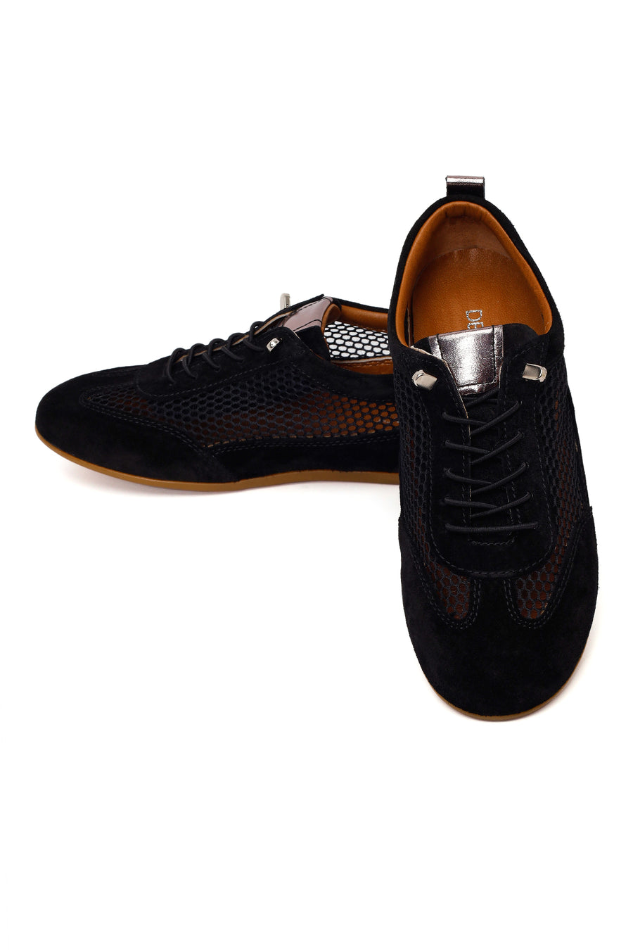 Woman Black Lace-Up Mesh Leather Sneaker