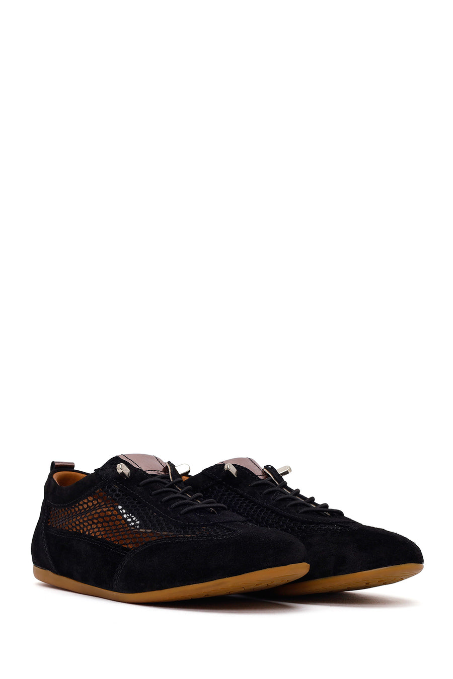 Woman Black Lace-Up Mesh Leather Sneaker