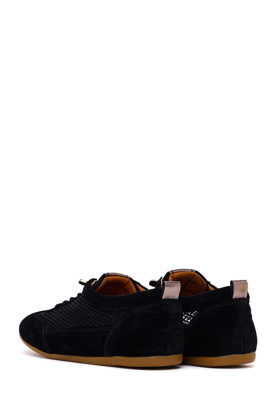 Woman Black Lace-Up Mesh Leather Sneaker