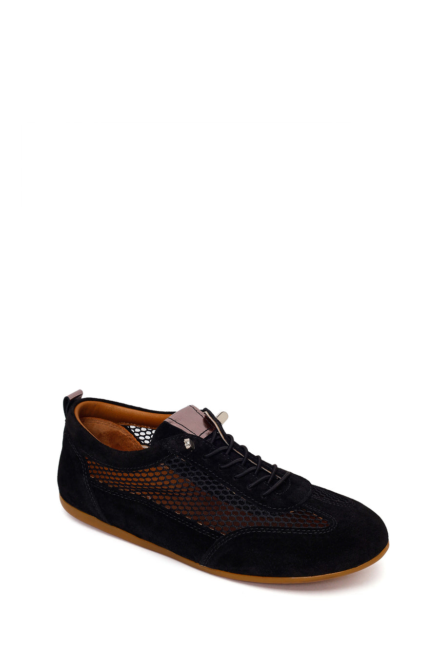 Woman Black Lace-Up Mesh Leather Sneaker