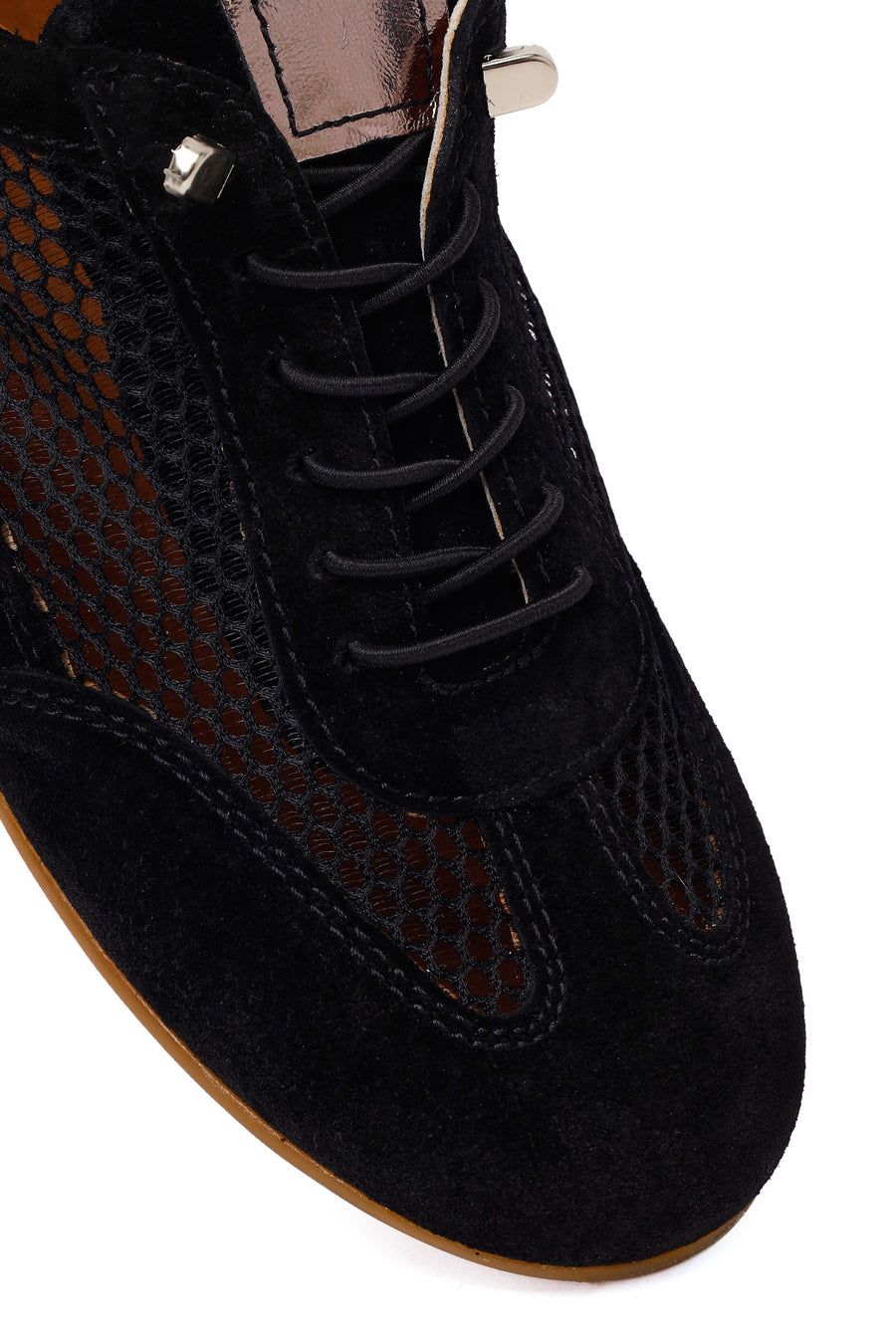Woman Black Lace-Up Mesh Leather Sneaker