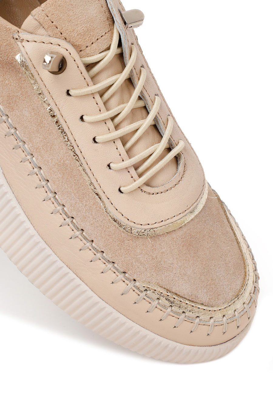 Kadın Bej Bağcıklı Kalın Tabanlı Deri Sneaker