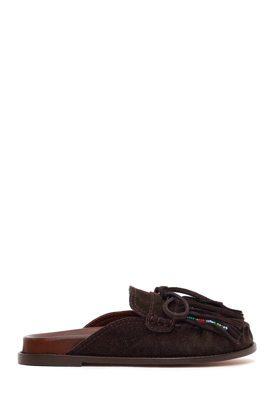 Women's Brown Tassel Suede Leather Slippers 26PFD551710 | Derimod