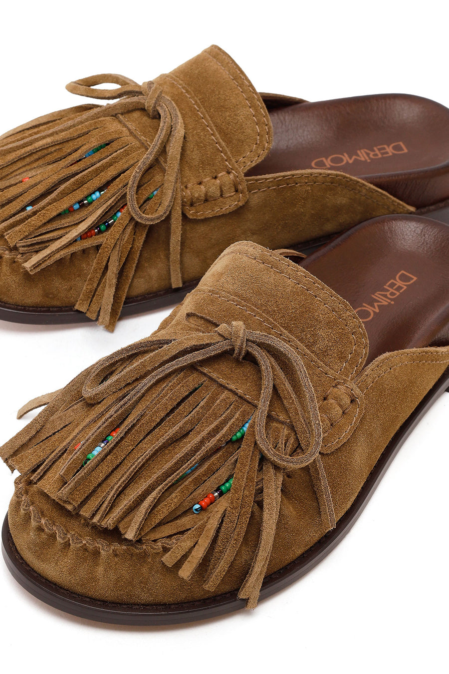 Women's Tan Tassel Suede Leather Slippers