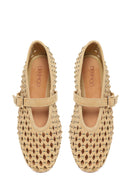 Women's Beige Studded Suede Leather Ballet Flats | Derimod