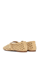 Women's Beige Studded Suede Leather Ballet Flats | Derimod
