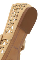 Women's Beige Studded Suede Leather Ballet Flats | Derimod