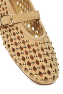 Women's Beige Studded Suede Leather Ballet Flats | Derimod