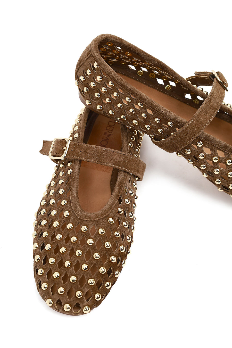 Women's Brown Studded Suede Leather Ballet Flats