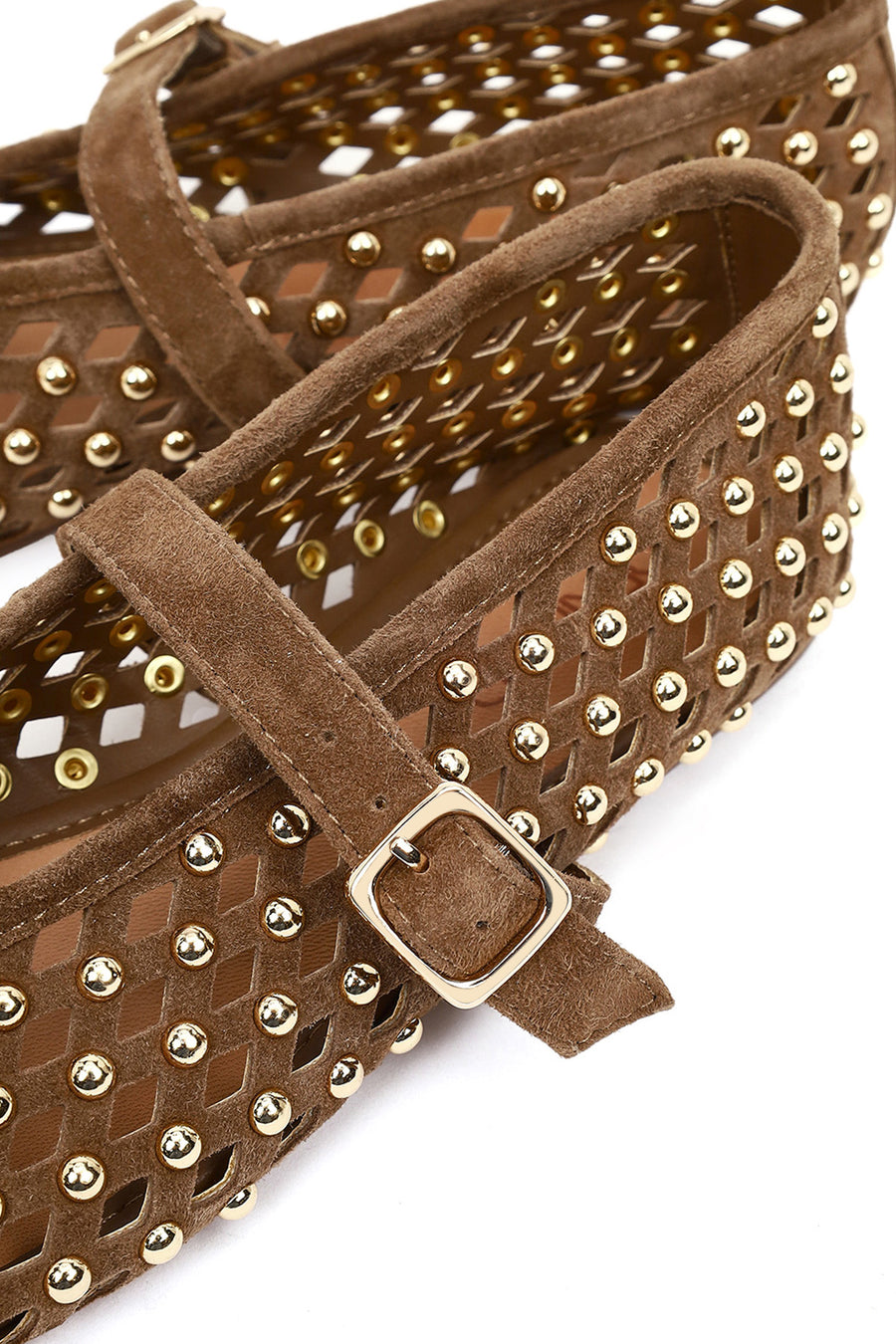 Women's Brown Studded Suede Leather Ballet Flats
