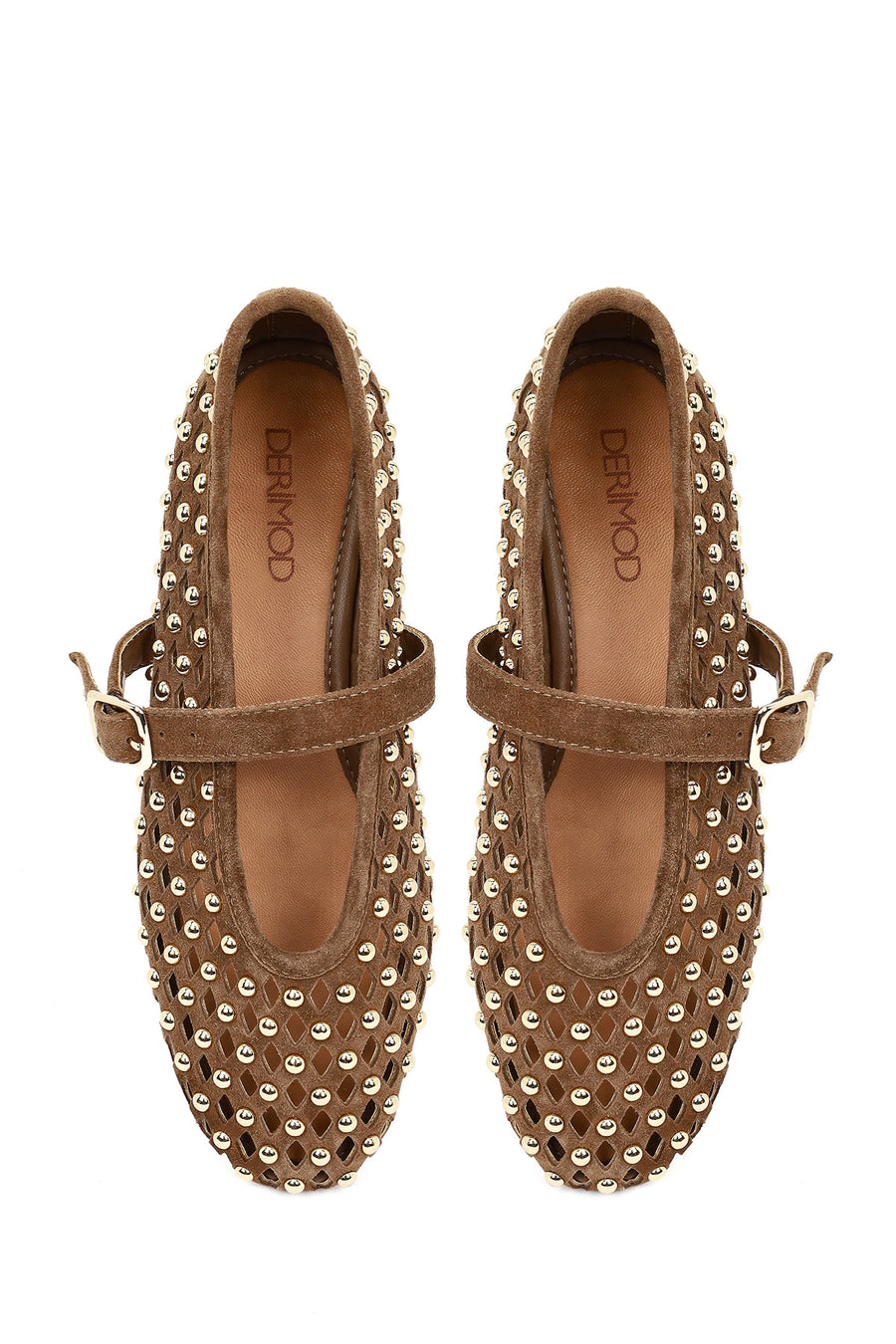 Women's Brown Studded Suede Leather Ballet Flats