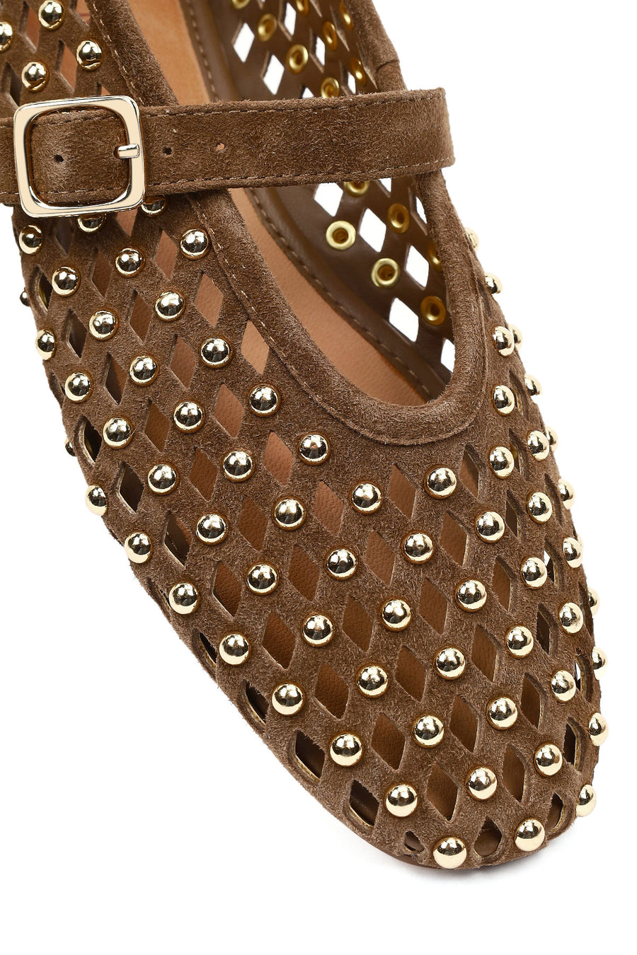 Women's Brown Studded Suede Leather Ballet Flats