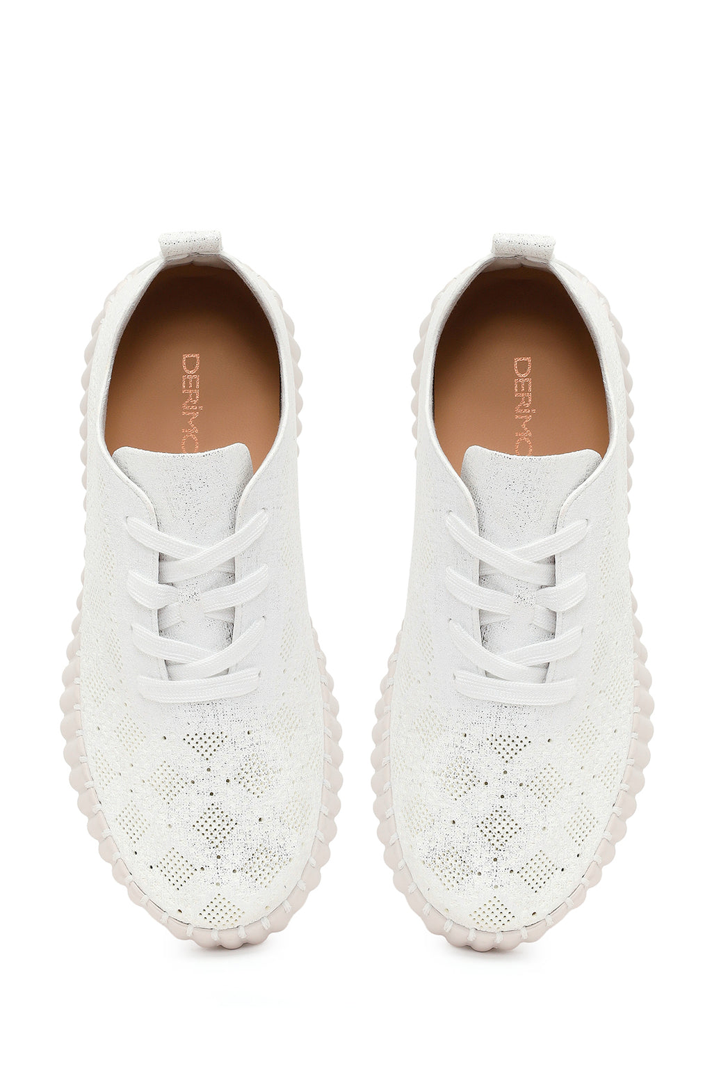Kadın Beyaz Bağcıklı Desenli Kalın Tabanlı Kumaş Sneaker