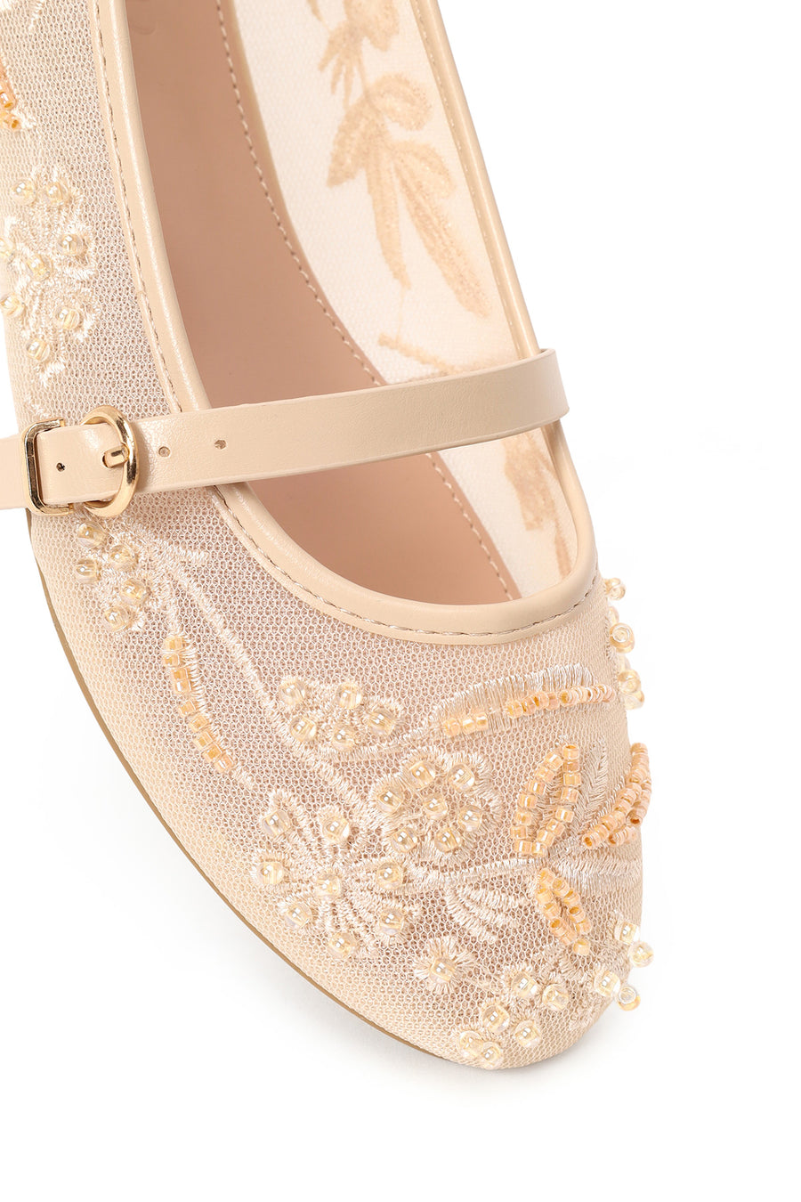 Woman Beige Buckled Embellished Fabric Ballerine flats