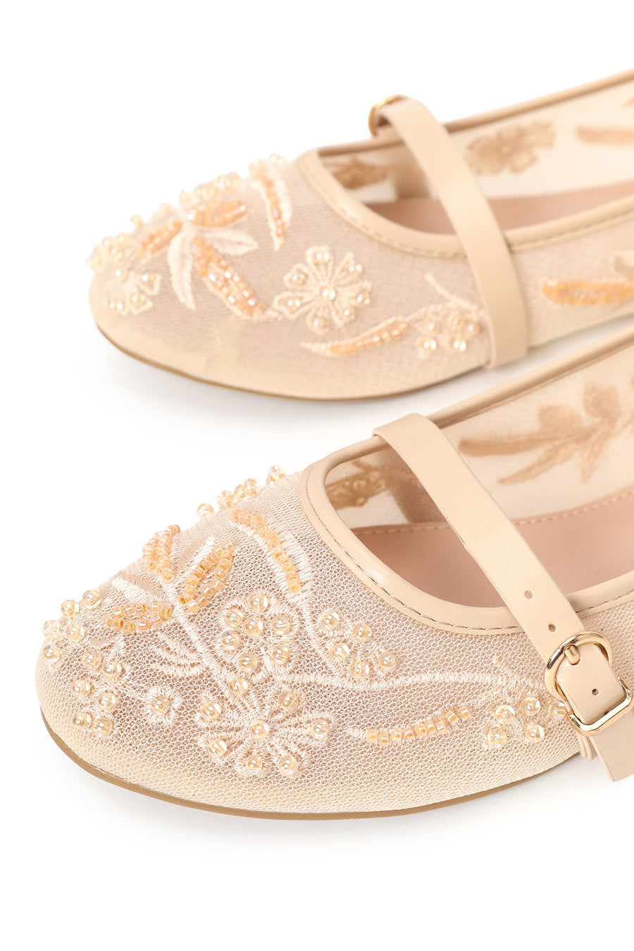 Woman Beige Buckled Embellished Fabric Ballerine flats
