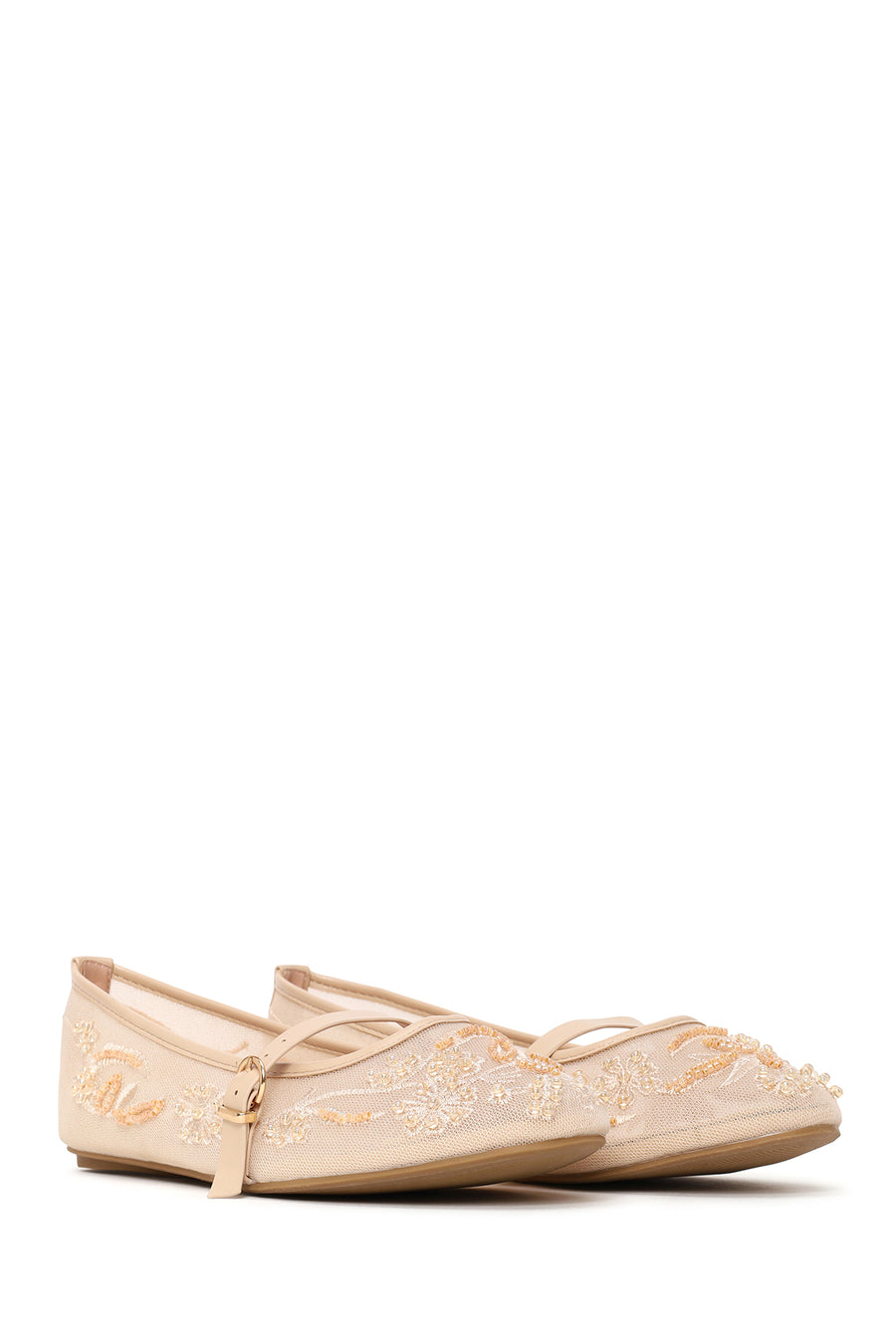 Woman Beige Buckled Embellished Fabric Ballerine flats