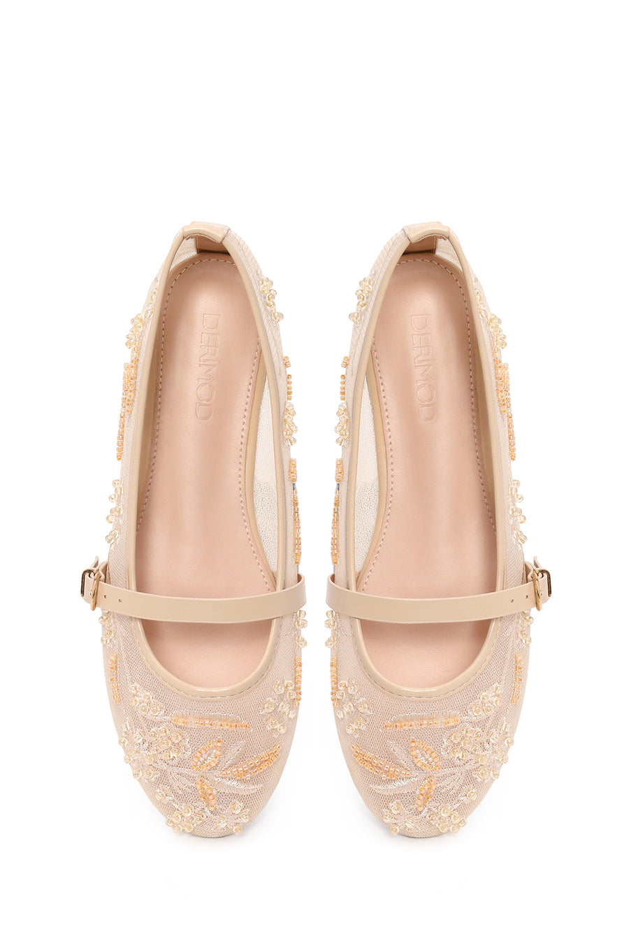 Woman Beige Buckled Embellished Fabric Ballerine flats