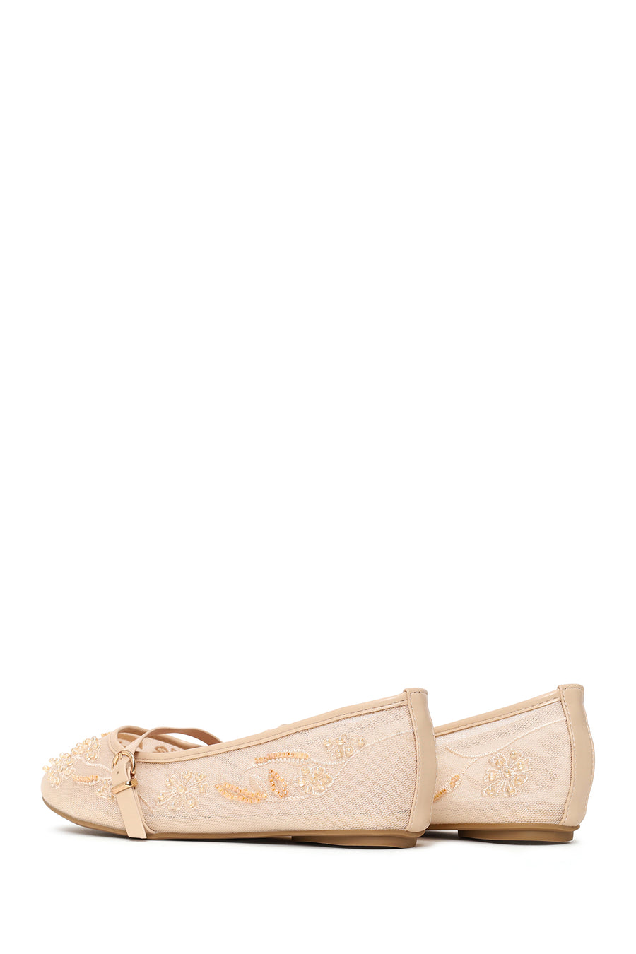 Woman Beige Buckled Embellished Fabric Ballerine flats