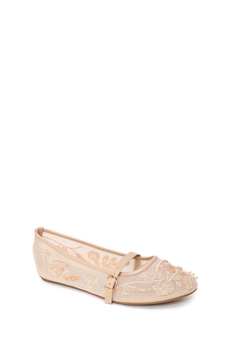 Woman Beige Buckled Embellished Fabric Ballerine flats