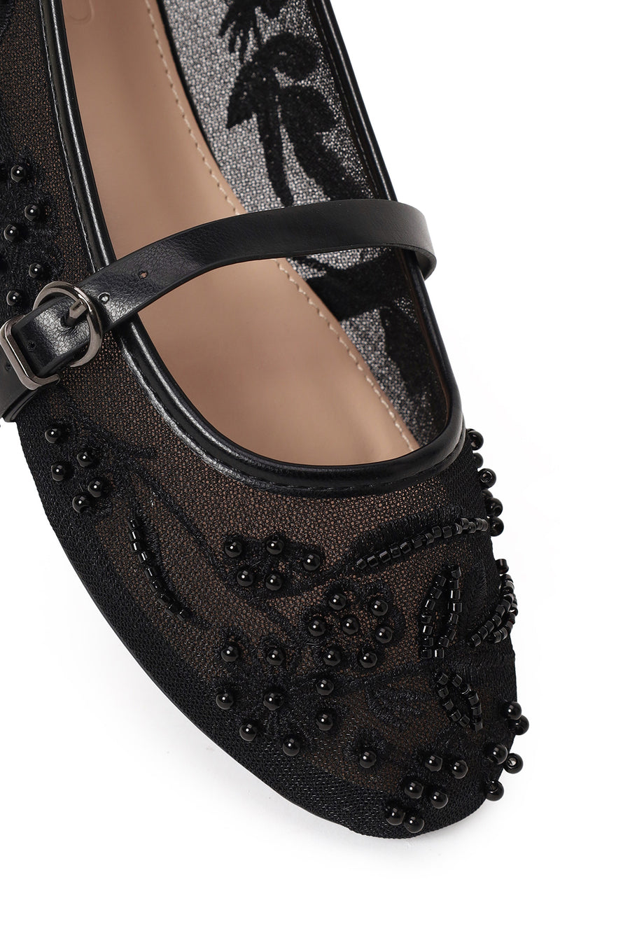 Woman Black Buckled Rhinestone Fabric Ballerine flats