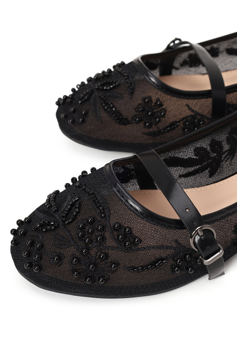Woman Black Buckled Rhinestone Fabric Ballerine flats