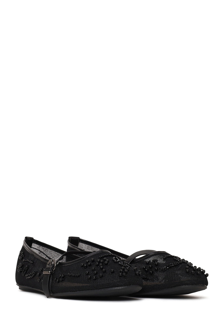 Woman Black Buckled Rhinestone Fabric Ballerine flats