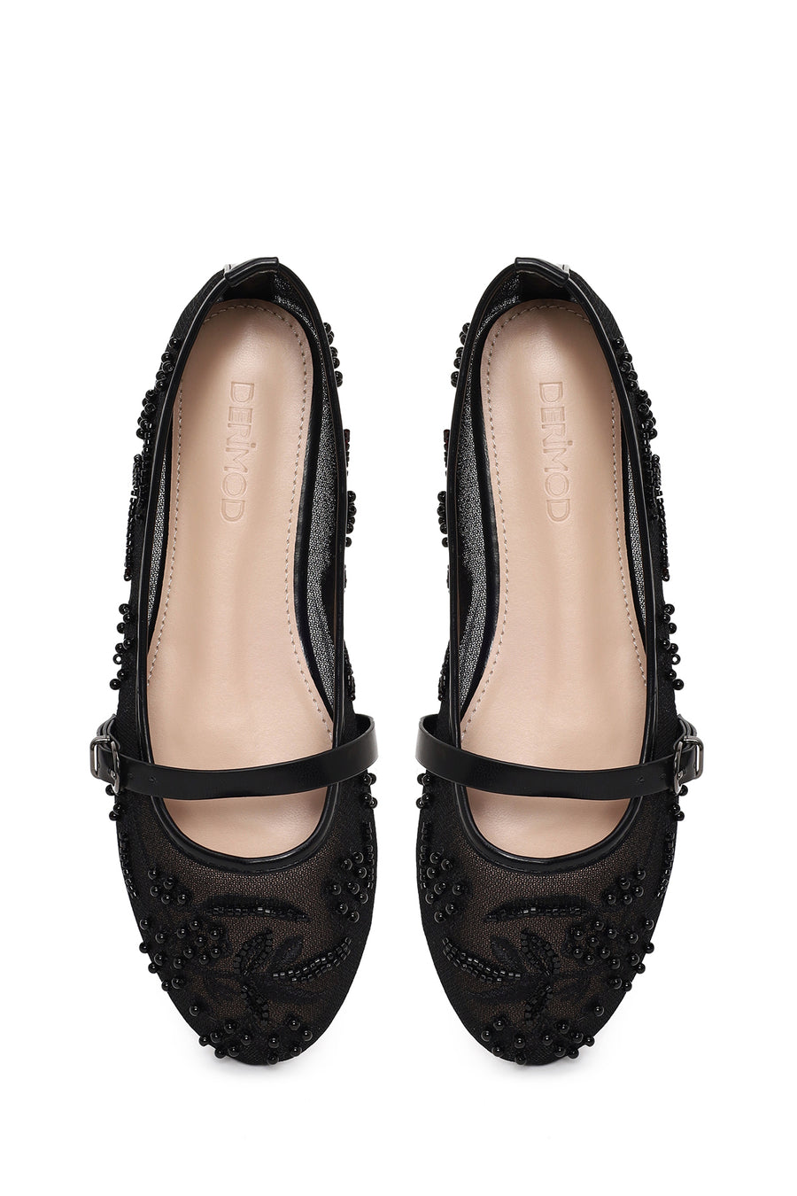 Woman Black Buckled Rhinestone Fabric Ballerine flats