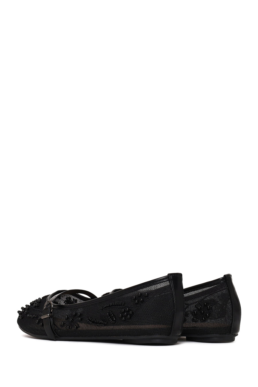 Woman Black Buckled Rhinestone Fabric Ballerine flats