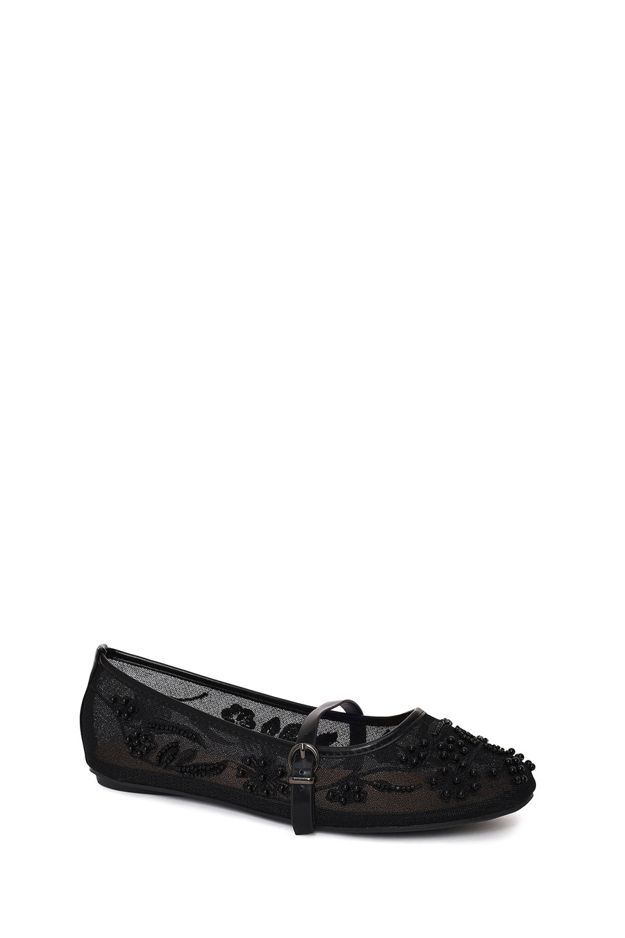 Woman Black Buckled Rhinestone Fabric Ballerine flats