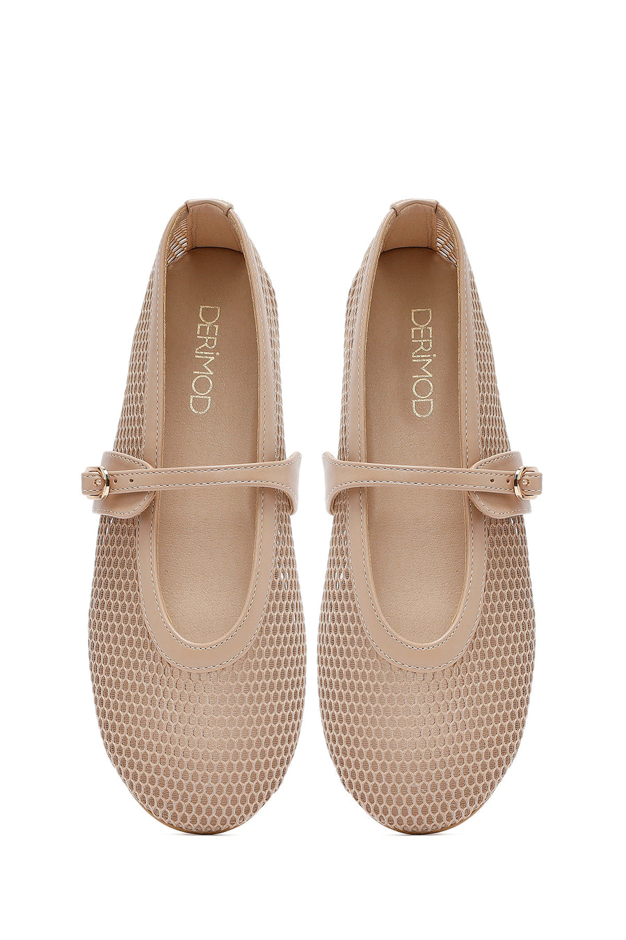Women's Beige Mesh Buckle Ballet Flats