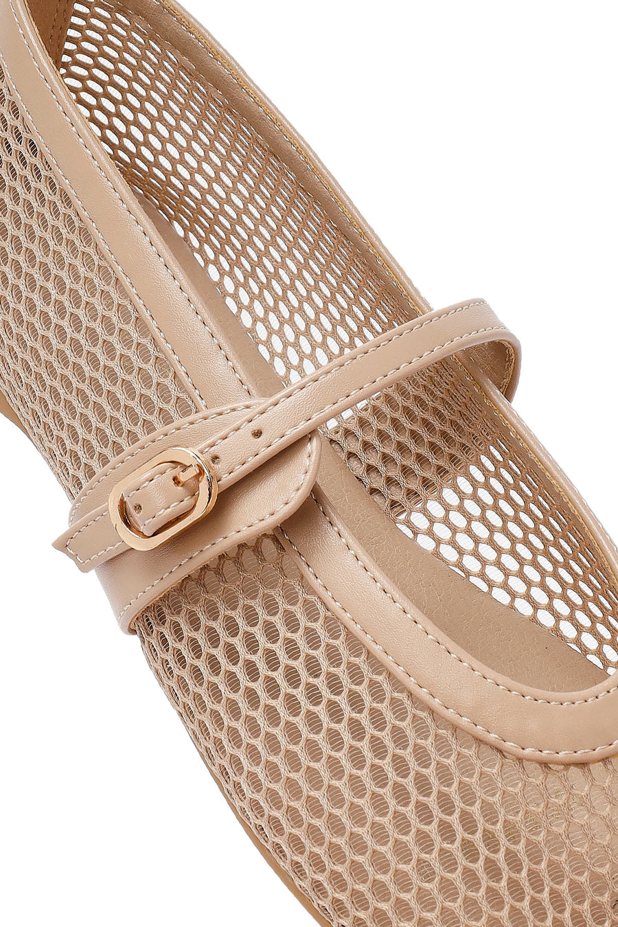 Women's Beige Mesh Buckle Ballet Flats