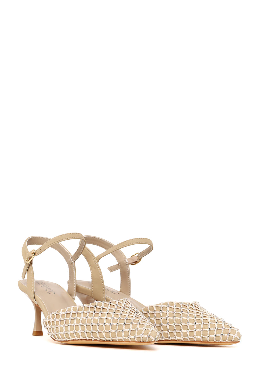 Woman Beige Ankle-Buckle Backless Jeweled Stiletto High Heel
