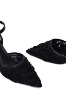 Kadın Siyah Bilekten Tokalı Çiçek Nakışlı Arkası Açık İnce Topuklu Ayakkabı | Derimod