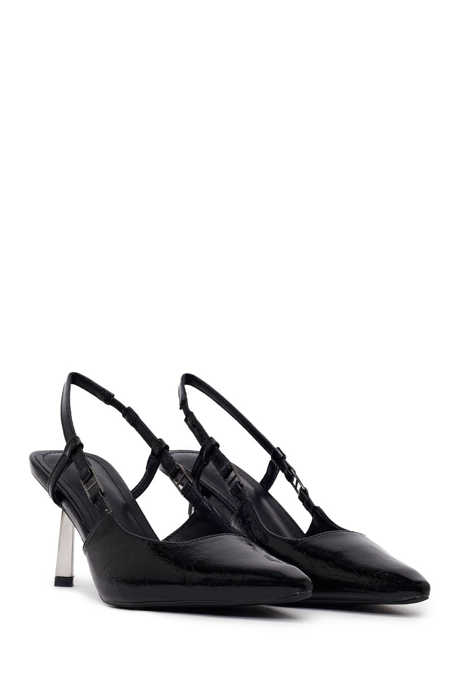 Women's Black Open Back Metallic Thin Heel Shoes