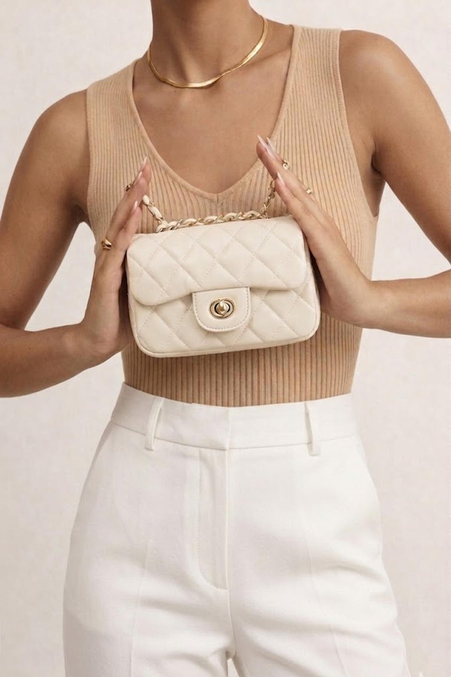 Women's Cream Chain Strap Mini Quilted Crossbody Bag