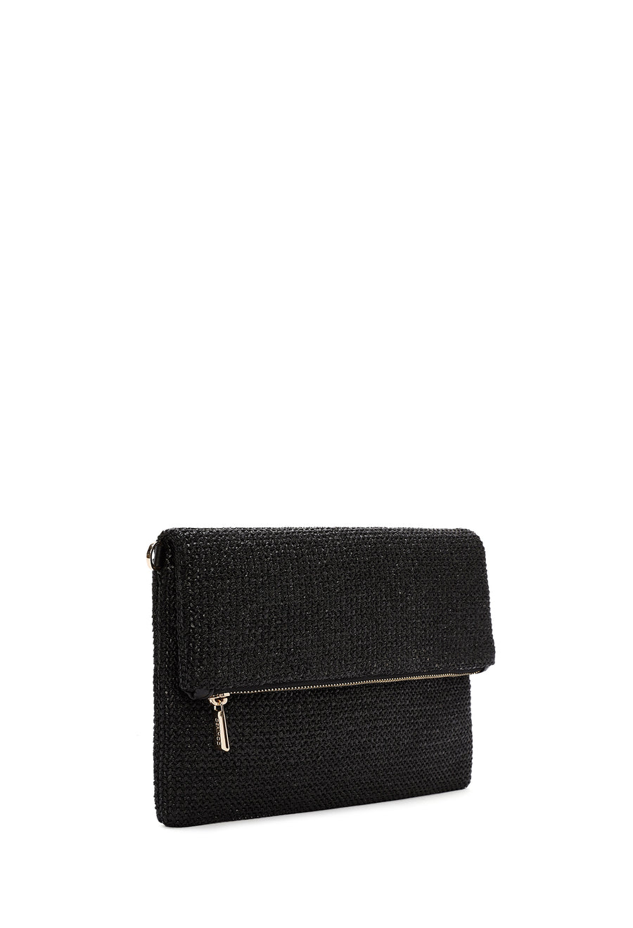Women's Black Chain Strap Woven Clutch Bag