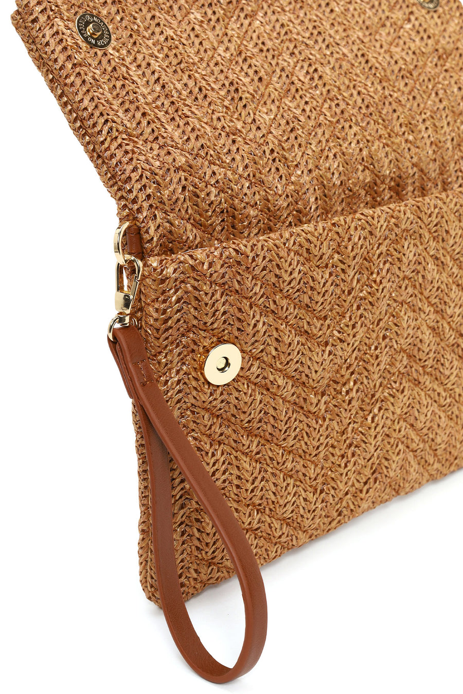 Woman Tan Chain-Strap Wicker Clutch Bag