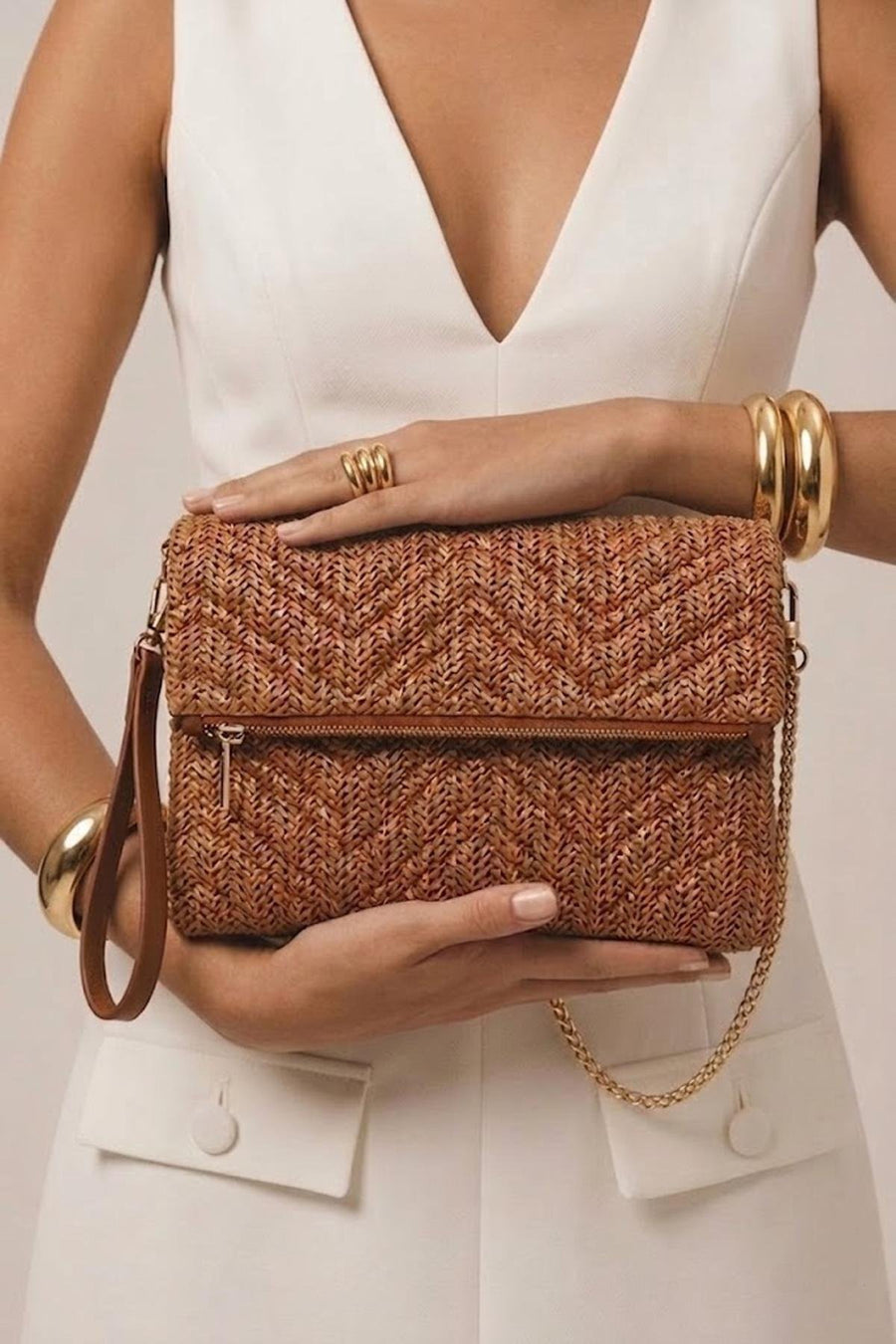 Woman Tan Chain-Strap Wicker Clutch Bag