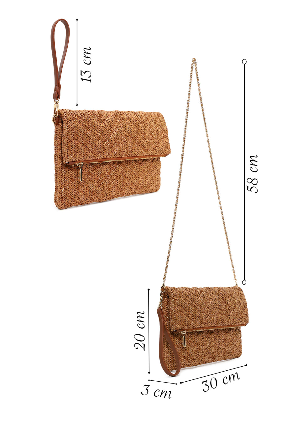 Woman Tan Chain-Strap Wicker Clutch Bag