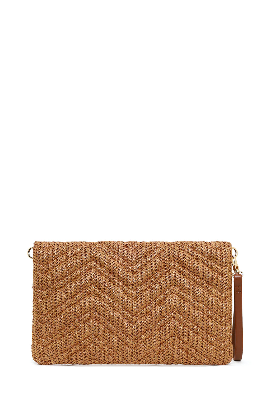 Woman Tan Chain-Strap Wicker Clutch Bag