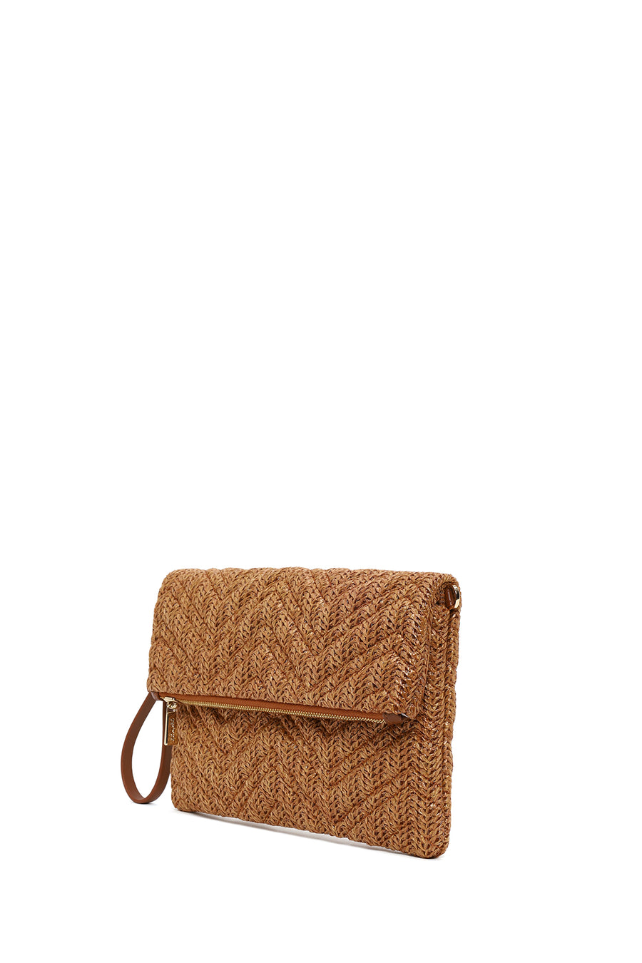 Woman Tan Chain-Strap Wicker Clutch Bag