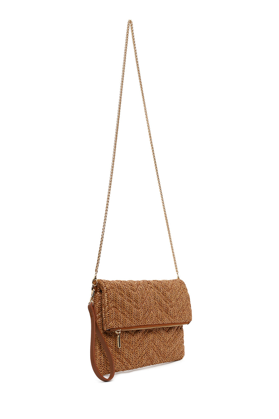 Woman Tan Chain-Strap Wicker Clutch Bag