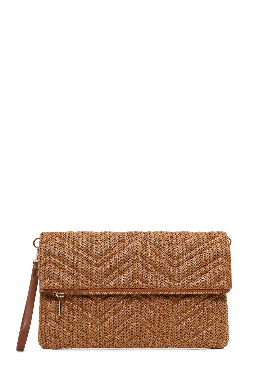 Woman Tan Chain-Strap Wicker Clutch Bag