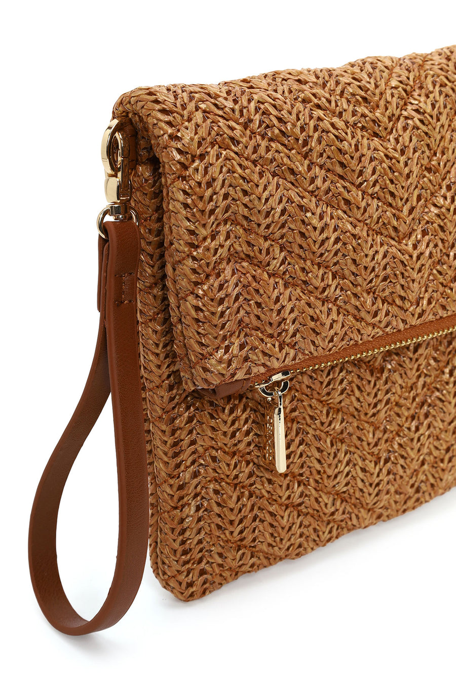 Woman Tan Chain-Strap Wicker Clutch Bag