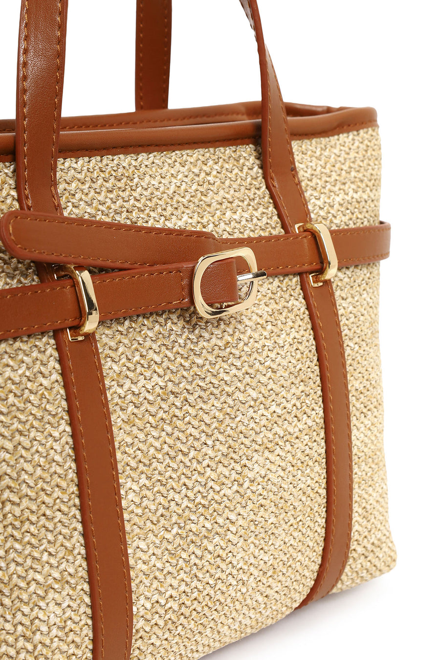 Woman Tan Mini Straw Shoulder Bag with Long Strap