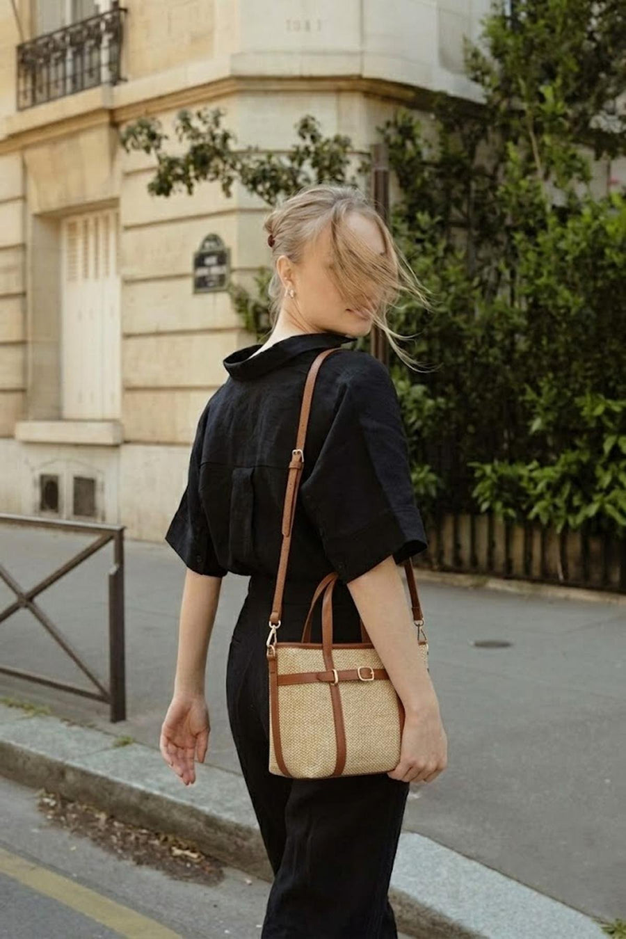 Woman Tan Mini Straw Shoulder Bag with Long Strap