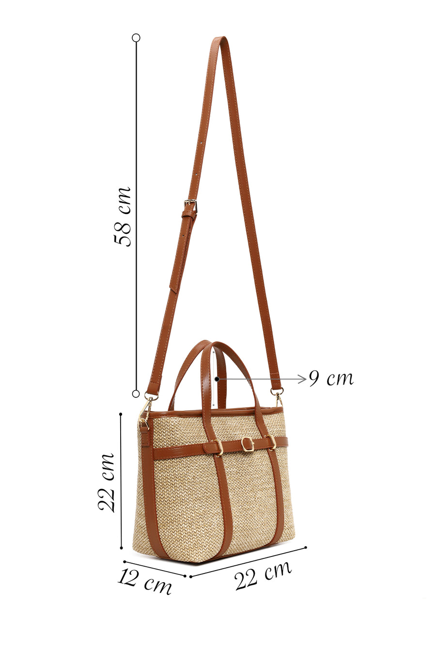 Woman Tan Mini Straw Shoulder Bag with Long Strap