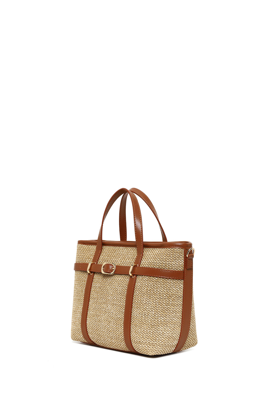 Woman Tan Mini Straw Shoulder Bag with Long Strap